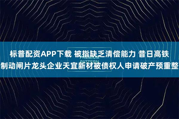 标普配资APP下载 被指缺乏清偿能力 昔日高铁制动闸片龙头企业天宜新材被债权人申请破产预重整